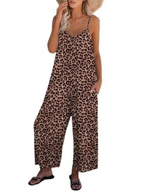 Women Leopard Print Jumpsuit Print Pockets Loose Fit Wide Leg Lg